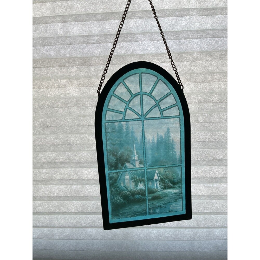 Thomas Kinkade Blue Church Scene Suncatcher Glass Vintage